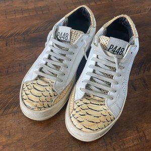 P448 White Yellow Snakeskin Leather Low Top Sneakers Shoes 38 7.5